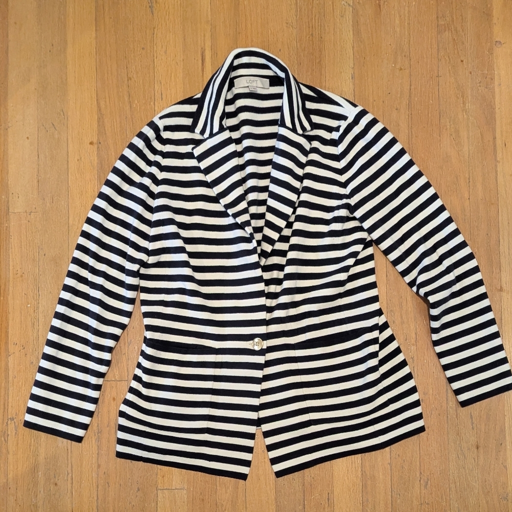LOFT Dark Navy and White Striped Blazer Nautical